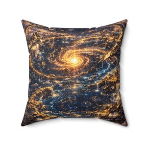 Peut inclure: Coussin carré avec une image numérique vibrante d'une galaxie. Le motif présente une spirale dorée brillante au centre, entourée d'un paysage bleu foncé et or avec des cascades et des lumières scintillantes.