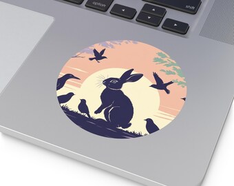 Rabbit & Birds Vinyl Sticker | Woodland Animal Decal, Rustic Nature Decor, Eco-Friendly Gift