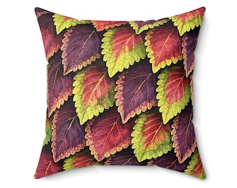 Botanical Study Pillow - Coleus Leaf Pattern, Colorful Botanical Pillow, Vibrant Leaf Cushion Decor