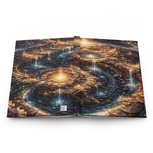 May include: Hardcover journal featuring a detailed, futuristic city illustration. The artwork depicts a circular metropolis with glowing lights, waterfalls, and intricate architectural designs. The color palette includes gold, blue, and brown tones.