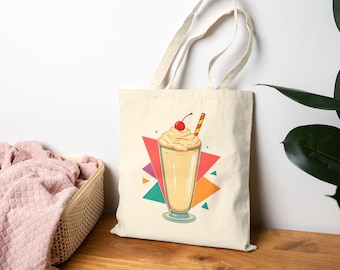 Retro Milkshake Cotton Canvas Tote Bag | Eco-Friendly Grocery Tote, Fun Dessert Lover Gift