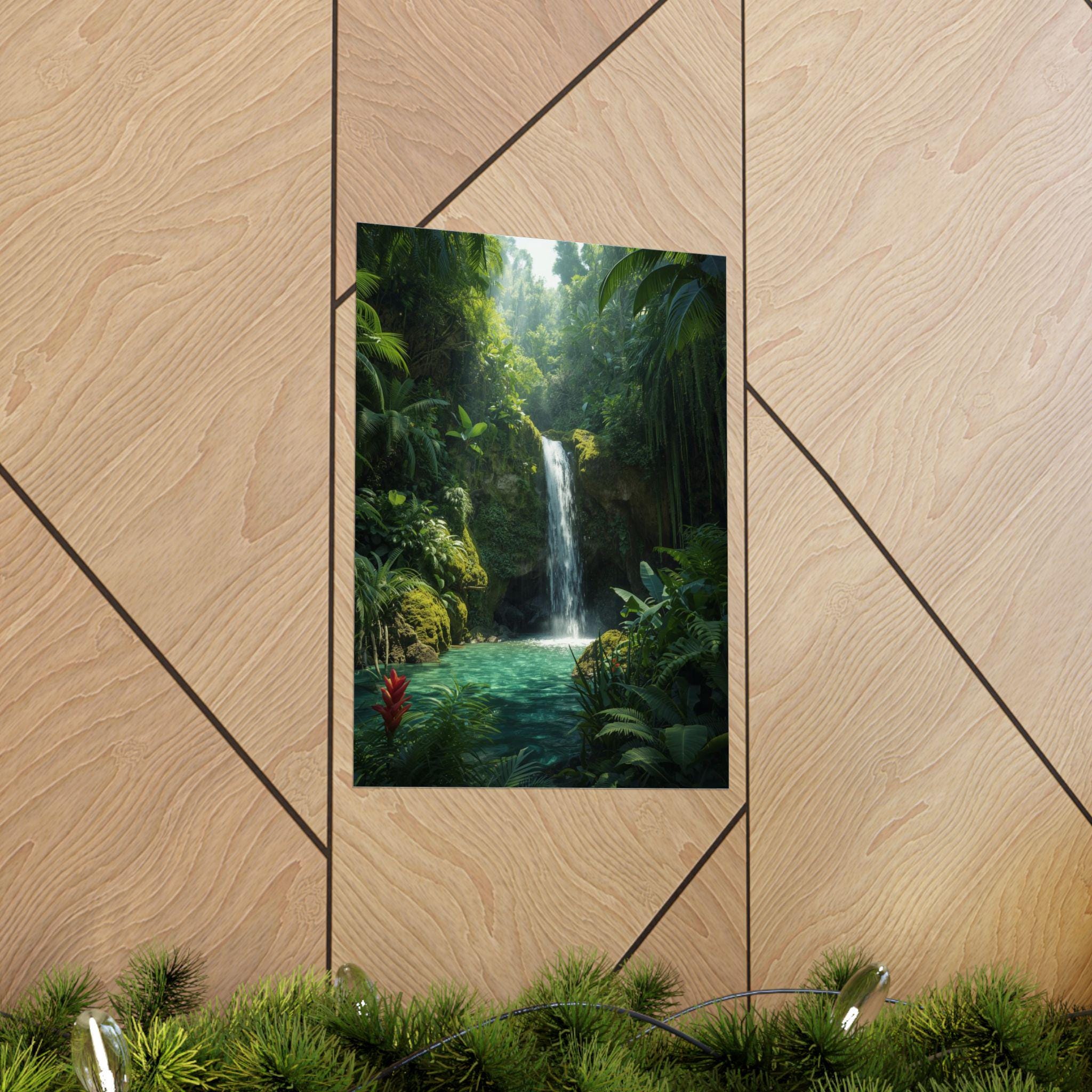 Jungle Waterfall Wall Art Poster, Tropical Landscape Print, Vibrant ...