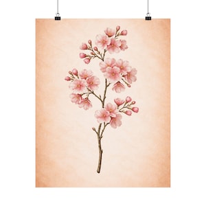 May include: A poster featuring a watercolor illustration of a cherry blossom branch with pink flowers and buds. The artwork is set against a textured, peach-colored background, creating a vintage aesthetic. The poster is held by two black clips.