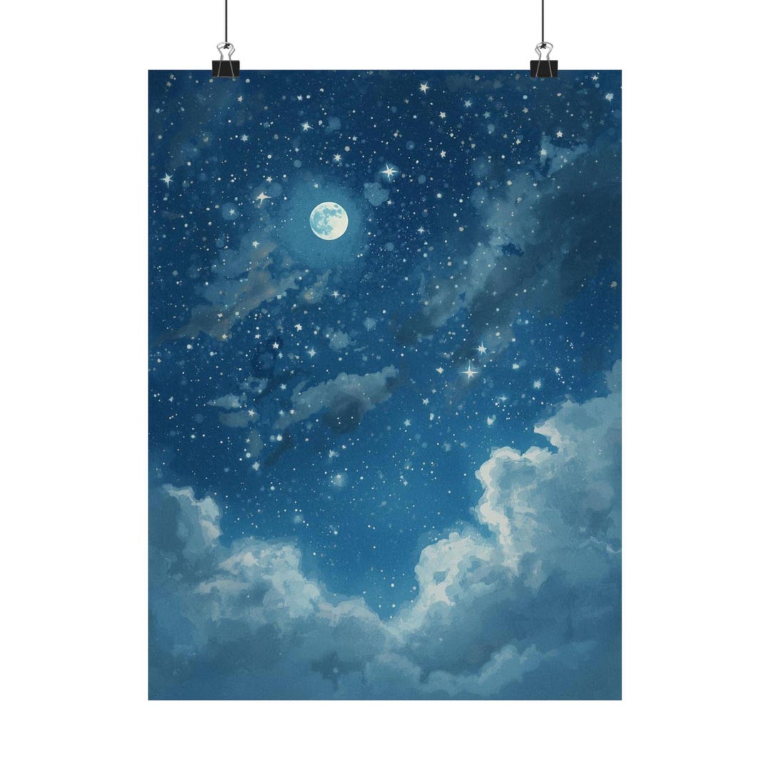Dreamy Night Sky Wall Art Poster, Moon and Stars Print, Celestial ...