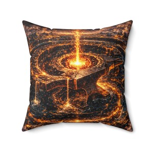 Può includere: Cuscino quadrato con un design a tema fantasy. L'opera d'arte raffigura un nucleo incandescente e fuso con flussi di lava che scorrono attorno a una grande incudine. La tavolozza dei colori è dominata da sfumature di arancione, nero e marrone.