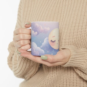 Sleeping Moon Ceramic Mug, Whimsical Night Sky Cup, Cozy Celestial Gift, Starry Home Decor, Tea Coffee Mug