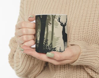 Hirsch-Keramikbecher, Waldkaffeetasse, rustikales Cabin Trinkgeschirr, Naturgeschenk für Naturliebhaber