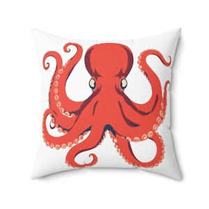 Octopus Print Decorative Pillow, Nautical Home Decor, Coastal Vibe Cushion, Ocean-Themed Gift, Beach House Accent
