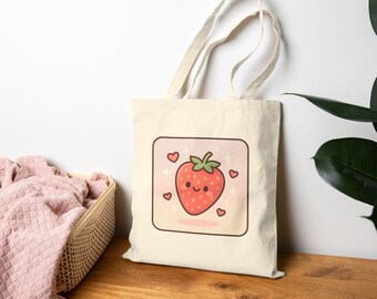 Strawberry Dream Cotton Canvas Tote Bag | Sweet Berry Kawaii Tote, Eco-Friendly Grocery & Gift Bag
