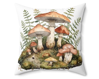 Forest Mushroom & Fern Pillow - Cottagecore Woodland Decor, Cozy Nature Throw Cushion