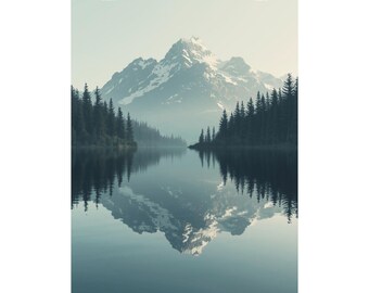 Tranquil Lake Wall Art Poster, Reflection Landscape Print, Minimalist Pine Tree Decor, Gift