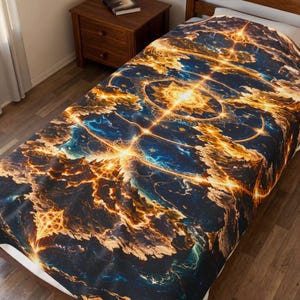 May include: A bedspread with a celestial design. The pattern features a vibrant mix of orange, gold, and blue hues, creating a cosmic or energy-based visual. The design is centered with radiating lines and circular patterns.