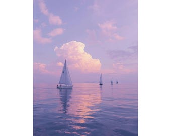 Twilight Sailboats Wall Art Poster, Vertical Ocean Print, Romantic Coastal Décor, Gift