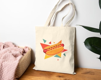 Hot Dog Cotton Canvas Tote Bag | Retro Foodie Tote, Eco-Friendly Grocery Bag, Fun Gift