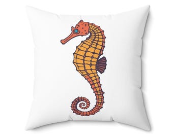 Seahorse Print Decorative Pillow, Nautical Home Decor, Coastal Vibe Cushion, Ocean-Themed Gift, Beach House Accent