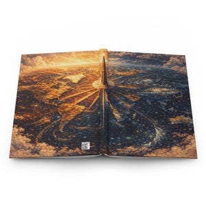 May include: Open journal with a detailed, colorful illustration of a celestial landscape. The artwork depicts a world divided into light and dark halves, with a central tower and radiating beams of light. The cover is a warm, earthy tone.