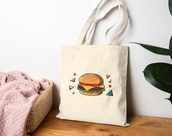 Retro Burger Cotton Canvas Tote Bag | Eco-Friendly Grocery Bag, Foodie Gift, Picnic & Summer Outing