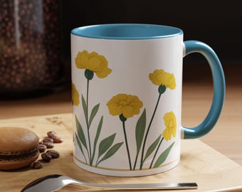 Yellow Marigold Mug | Vintage Floral Coffee Cup | Minimalist Botanical Drinkware | Gift for Garden Lovers, Spring Decor