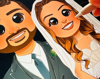 May include: A cartoon illustration of a couple dressed in wedding attire. The groom is wearing a gray suit with a dark blue tie and a white shirt. The bride is wearing a white dress with a veil and a long brown hairstyle.
