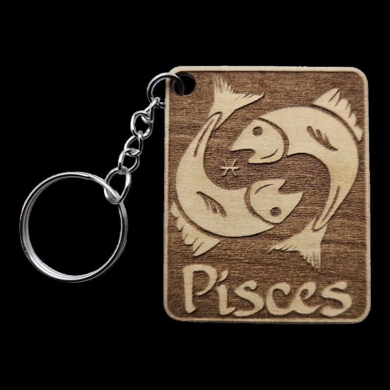 Pisces Zodiac Sign Keyring Keychain Key Fob Accessory Wooden Engraved