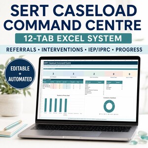 May include: A laptop screen displaying the SERT Caseload Command Centre 12-tab Excel system. The dashboard features data tables, bar charts, and a donut chart for tracking student referrals, interventions, IEP/IPRC status, and progress metrics.