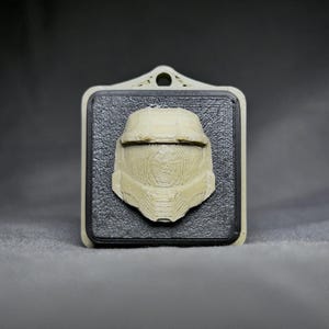 May include: A 3D printed model of a helmet, in a light beige color, is displayed in a black and beige frame. The helmet has a detailed design with a visor.