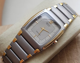 Vintage Seiko Titanium Tank 7420-5660 gold plated quartz wristwatch, vintage-gift for Him