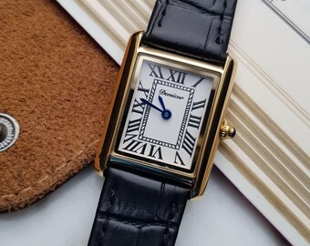 Vintage tankpolshorloge, 18k verguld, quartz-aangedreven, leren band, cadeau voor haar en misschien hem