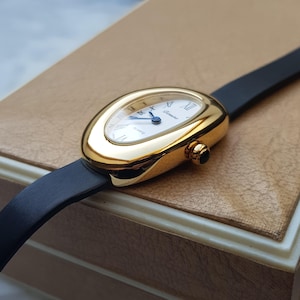 Small Women's Tank Style Dress Watch, 18k Gold Plated, Quartz Powered, Leather Strap, Gift for Her