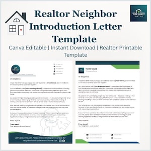 Puede incluir: Una plantilla de carta de presentación de agente inmobiliario con un icono de casa y el texto "Realtor Neighbor Introduction Letter Template". La plantilla es editable en Canva y descargable al instante. El diseño presenta una combinación de colores verde y azul.