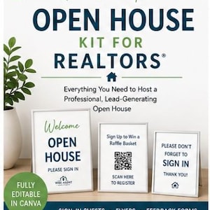 Könnte beinhalten: Ein "Open House Kit für Immobilienmakler"-Vorlage mit drei gerahmten Schildern. Die Schilder lauten "Willkommen Tag der offenen Tür, Bitte unterschreiben", "Melden Sie sich an, um einen Loskorb zu gewinnen" und "Bitte vergessen Sie nicht, sich anzumelden". Das Kit enthält Anmeldebögen, Flyer und Feedback-Formulare.