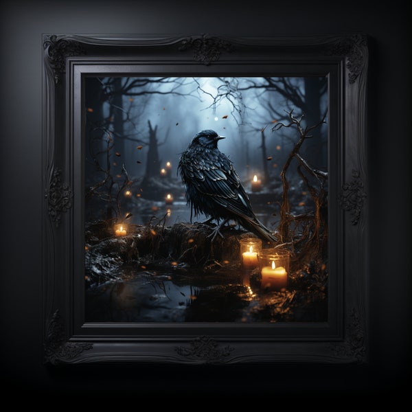 Crow Wall Art, Candlelight Digital Download, Dark Academia, Enchanting Gothic Print, Branch and Candle Design, English Enchanting Artwork