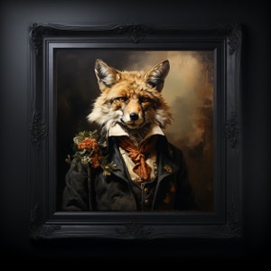 Puede incluir: Una pintura de un zorro con un traje y una corbata de lazo roja. El zorro sostiene un ramo de flores en su pata. La pintura está enmarcada en un marco negro.