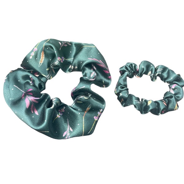 Handmade Green Floral Satin Scrunchies. Perfect fall accessory, gift for her, stocking stuffer. Mom and me matching.