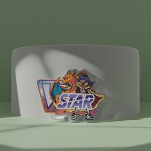 Puede incluir: Una pegatina con una ilustración pixelada de un personaje con cabello morado y una capa roja montando una criatura naranja ardiente. El texto "VSTAR" está en el fondo.