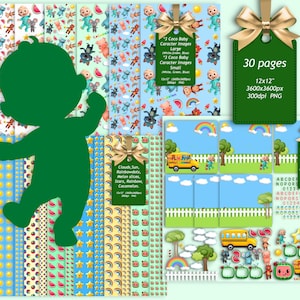 Ônibus escolar para bebês e amigos animais. Papel digital, scrapbooking, design de cartões, adesivos, fundos, artesanato em papel - DOWNLOAD INSTANTÂNEO