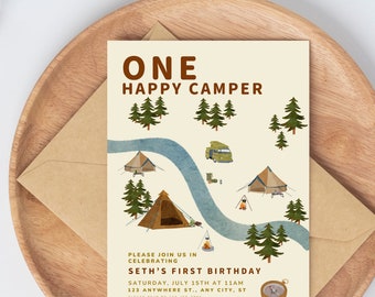 One happy camper birthday invite | First birthday invite | Customizable invite| Editable invitation template | Instant download