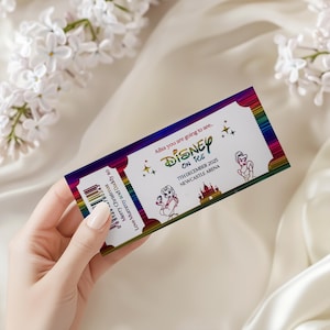May include: A rectangular event ticket with a rainbow-coloured border featuring the text Ailsa you are going to see Disney On Ice 7th December 2025 Newcastle Arena. It includes illustrations of two characters, a castle, stars, and a barcode.