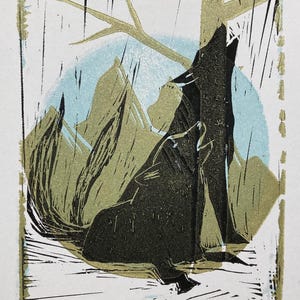 Two Wolves Serenade Moon Block Print: Animal Art Card or Matted Print