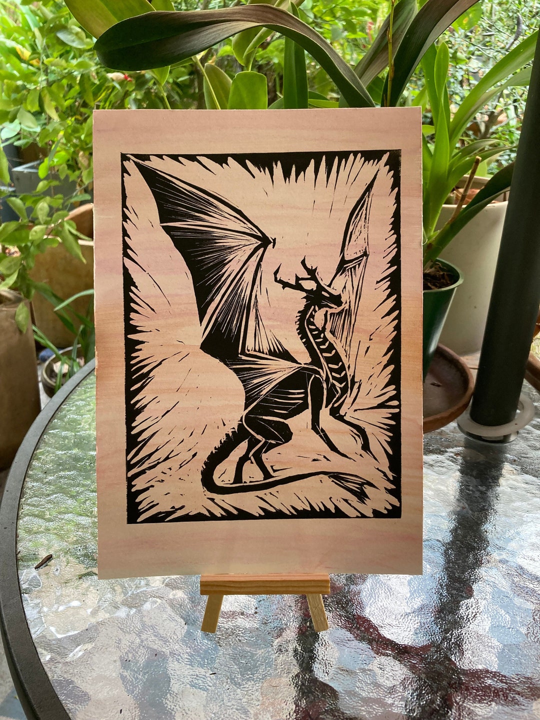 Dragon Linocut Block Print With a Watercolor Background - Etsy