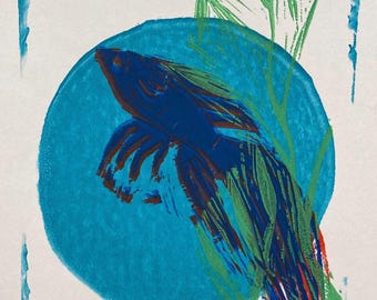 Betta Fish Block Print: 4x6" Aquarium Art, Matted Print or Card