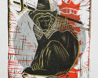 Year of the Monkey Block Print: Chinese Zodiac Art, Matted Print or Card