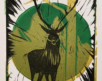 Stag Elk Block Print: Handmade Linocut Art, 4x6" Image