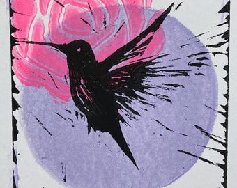 Hummingbird Linocut Print: Garden Art (Matted Print or Card)