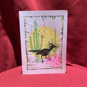 Roadrunner and Saguaro block print.  4x6&quot; handprinted image.  Bird art, Desert theme. Available as a matted print or greeting card.