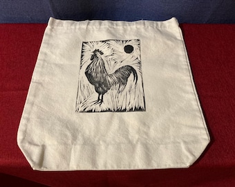 Rooster Block Printed Canvas Tote Bag: Farmhouse Art