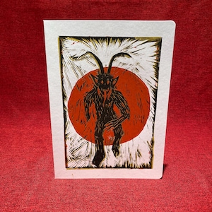 Krampus block print. 4x6&quot; image. Alpine folklore, holiday crafts, Christmas. Available as a matted print or greeting card.