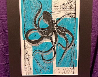 Kraken matted block print.  5x8" printed image. Octopus, Cephalopod art.