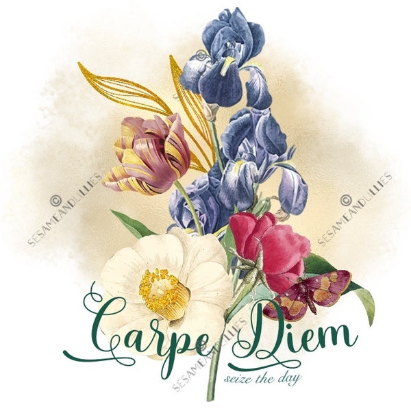 Whimsical 'Carpe Diem' Botanical Garden Bouquet Digital Art