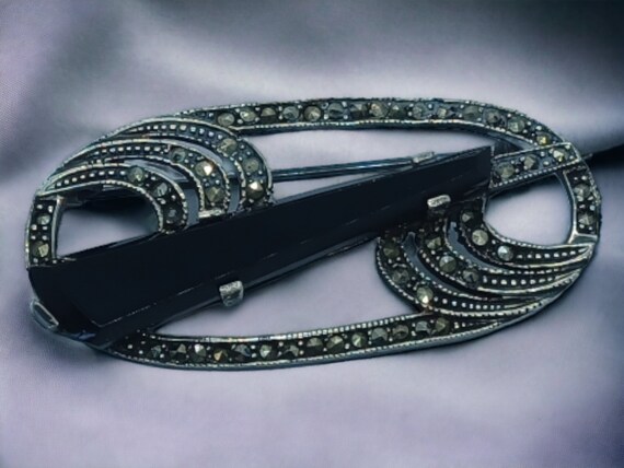 Vintage Silver Filagree Brooch with Black Onyx Sp… - image 2